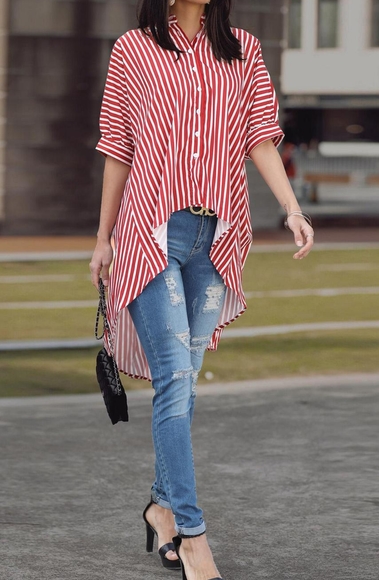 Striped Batwing sleeve Dip Hem Top - Picture 7 of 8